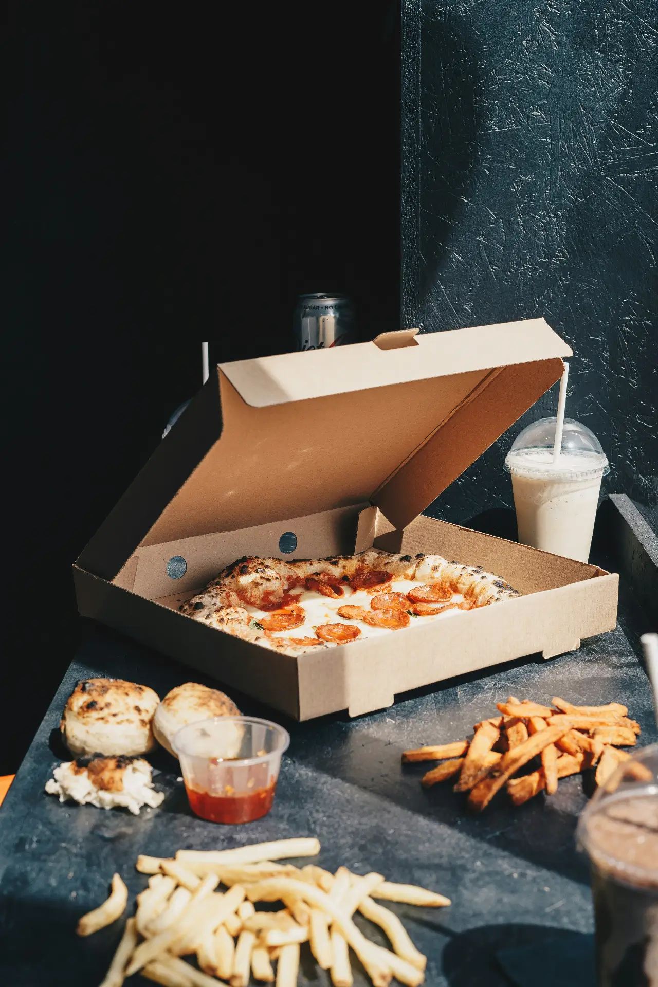 Pizza and fries spread